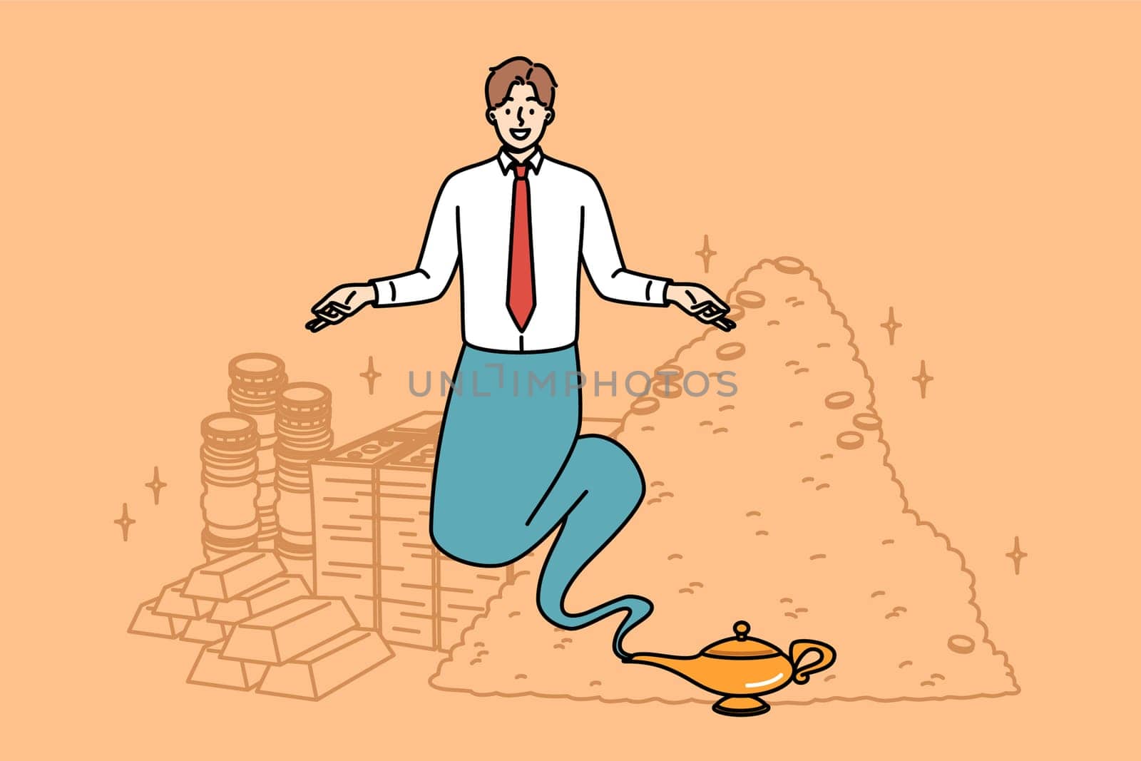Business aladdin appears from magic lamp and creates wealth and capital through magic. Oriental aladdin in formal suit floats in air near pile of gold and money symbolizing success and prosperity