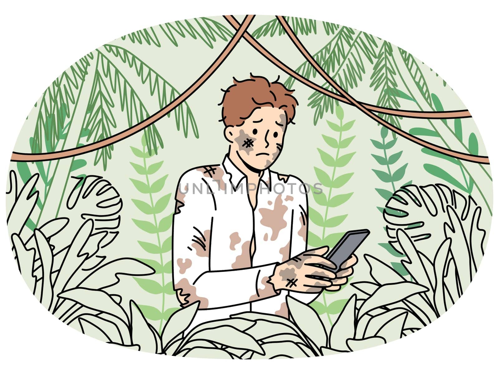 Dirty lost man office employee holding mobile phone and standing in jungle trying to send sos signal. Lost businessman suffers due to lack of GPS network in forest and feels helpless in wild