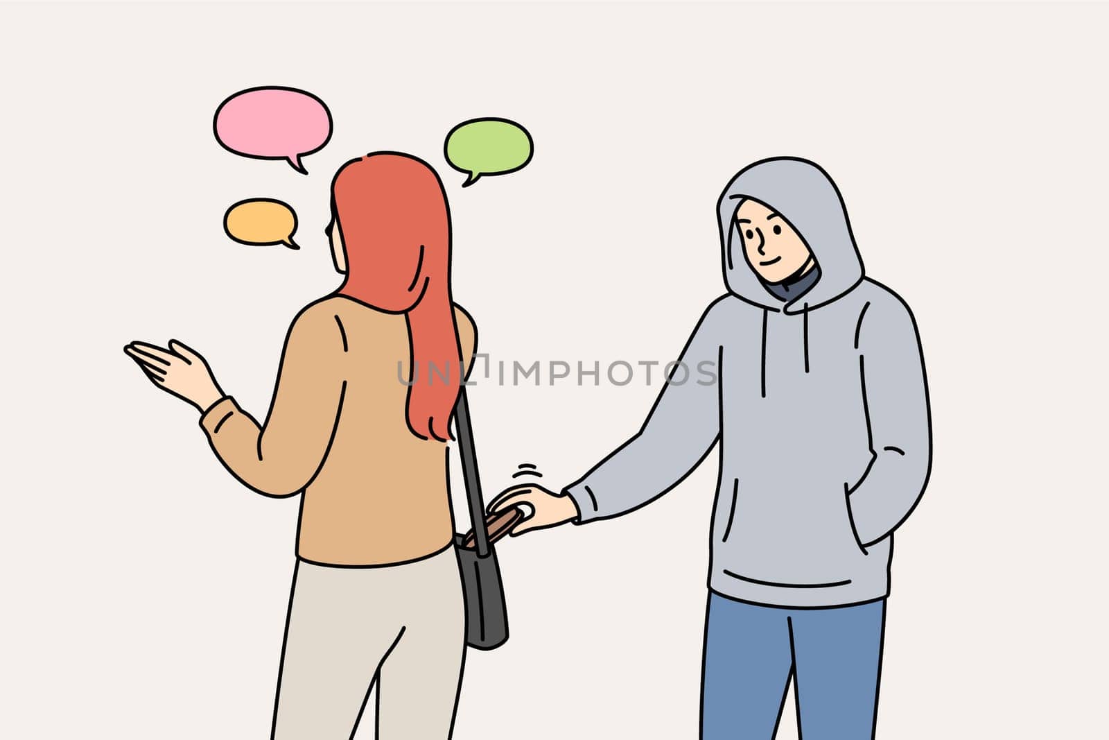 Thief steals wallet from woman bag while she is talking on phone, stealing money from passers-by. Inattentive girl does not pay attention to thief and risks losing salary or savings