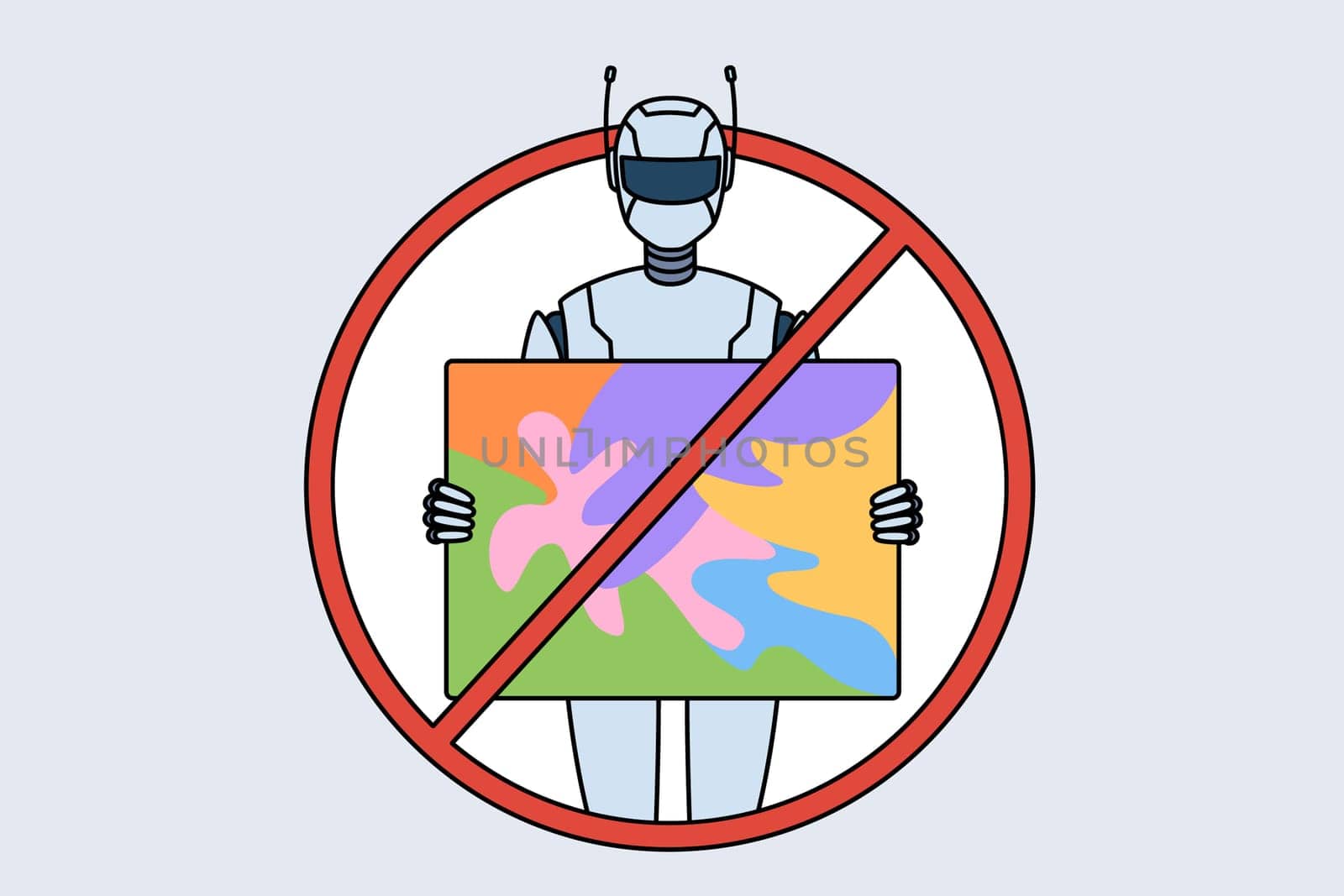 Ban on use of AI in art is shown by sign with crossed out robot holding artwork. Concept of restrictions on AI distribution due to copyright infringement in arts and creative industry