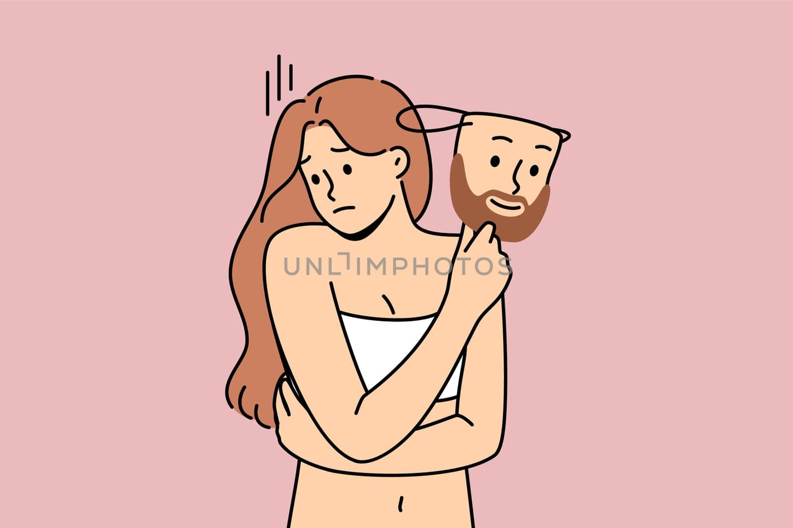 Transgender woman suffers from gender identity and dreams of becoming man, and holds male mask. Girl wishes of being part of LGBT community and thinks about possibility of becoming transgender