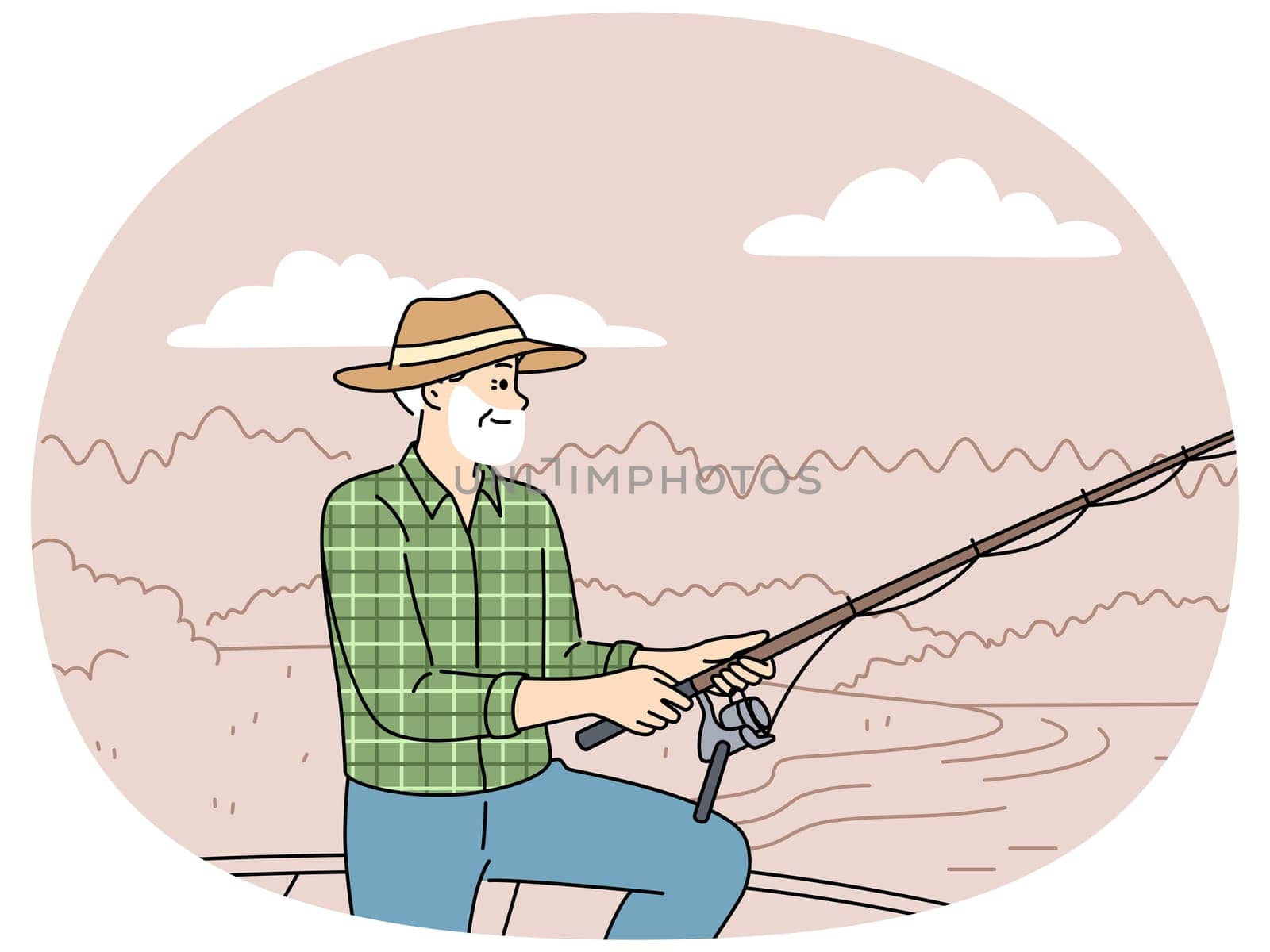 Elderly fisherman fishes, standing on boat or on dock near lake and feels full of energy after retirement. Old man fisherman with fishing rod in hands enjoying favorite hobby and good summer weather