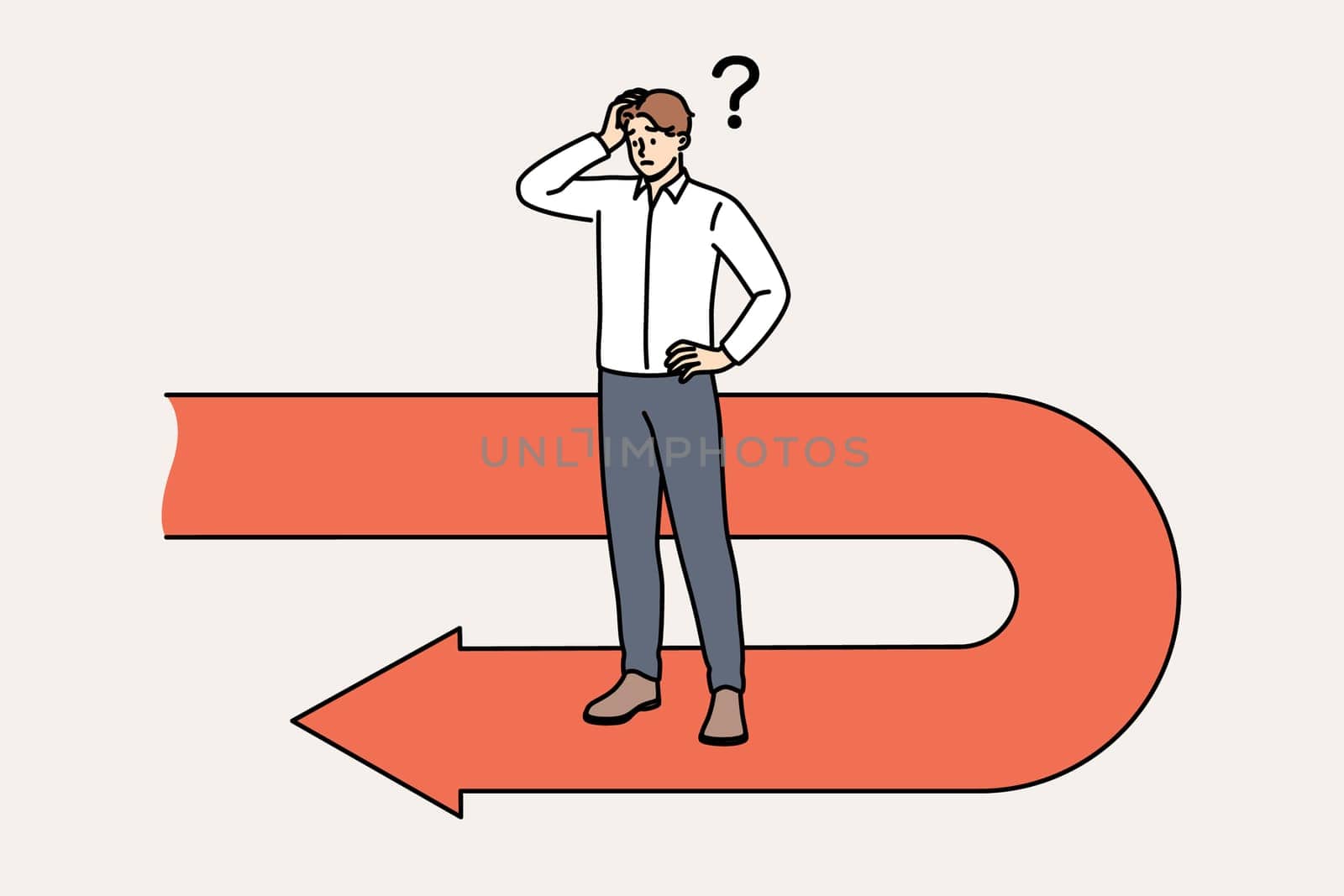 Frustrated businessman has fallen victim to crisis and is forced to move backwards to avoid bankruptcy, scratching head. Sad manager stands on red arrow back symbolizing recession and crisis