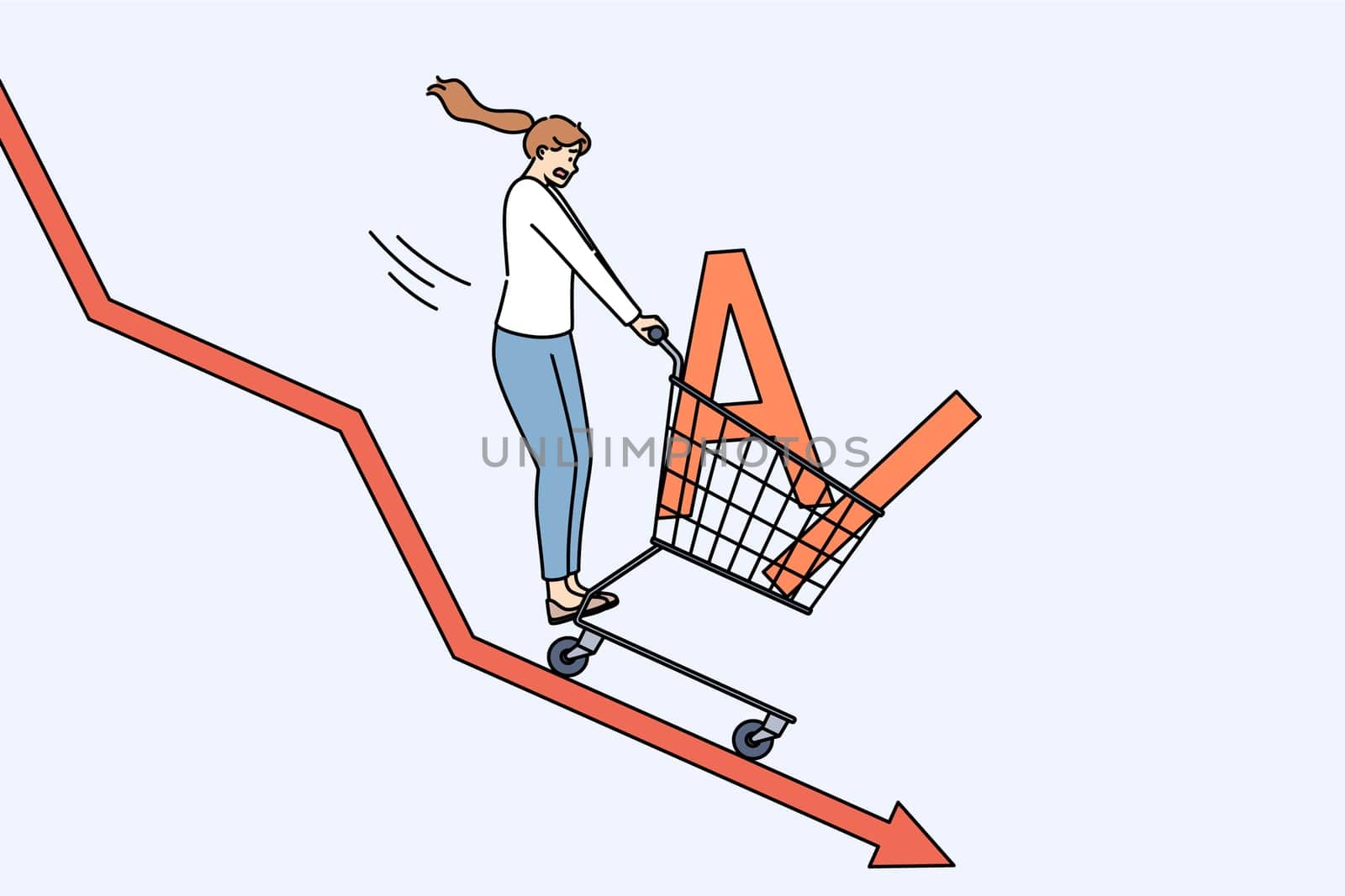 Drop in demand for AI caused by crisis is demonstrated by woman going down chart, holding supermarket cart. Technological crisis and problems of artificial intelligence negatively affect use of AI