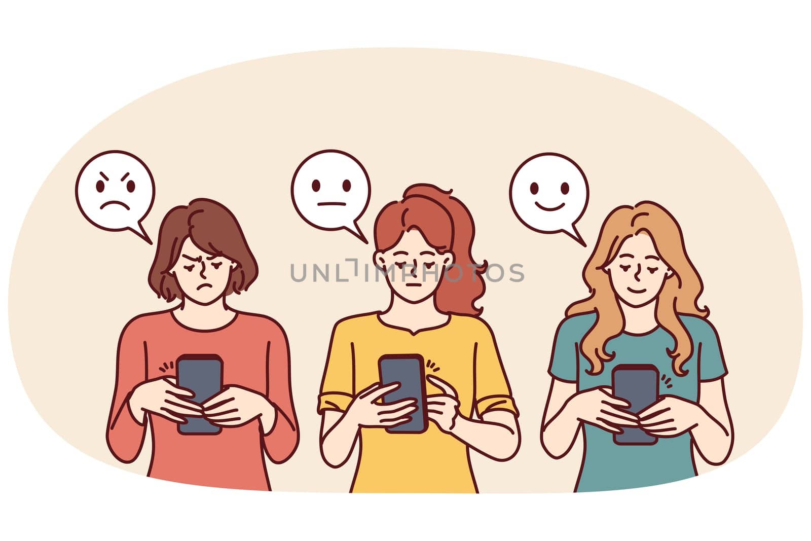 Women with phones near emoji with different facial expressions for internet feedback concept. Girls with smartphones leave positive or negative feedback in mobile application or company website