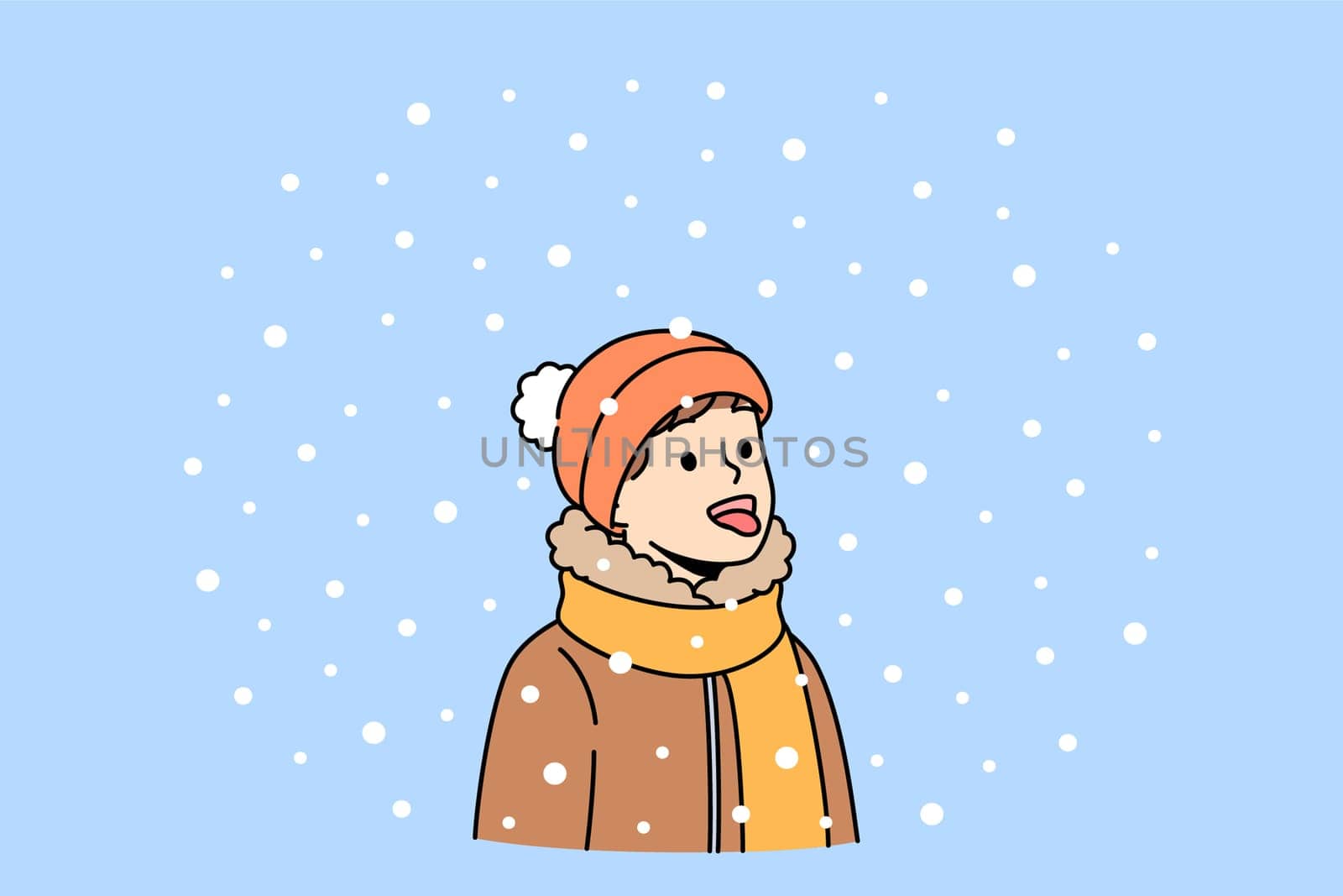 Boy opens mouth and eating snow, enjoying winter weather and new year mood. Christmas portrait of small child in scarf and warm hat, rejoicing with first snow or onset of winter holidays