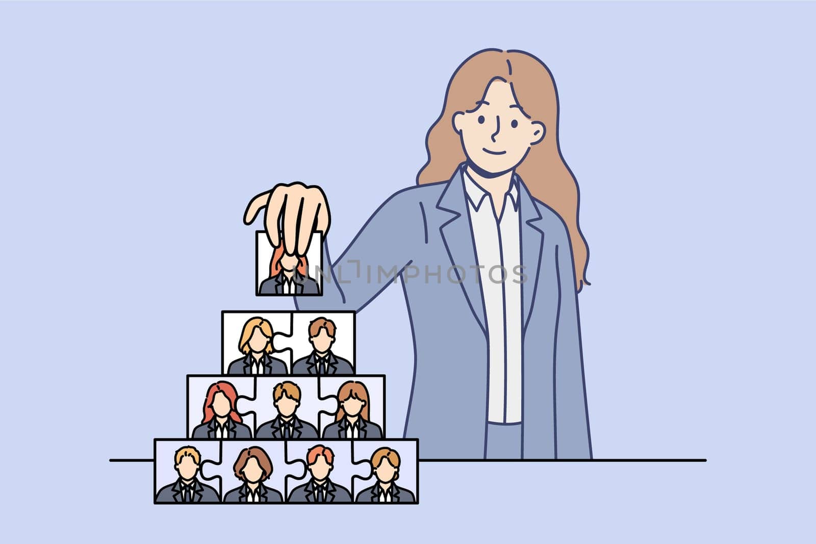 Woman recruiter is engaged in team building and creating corporate governance structure. Team building process from ceo of company, putting puzzles from employee portraits into pyramid