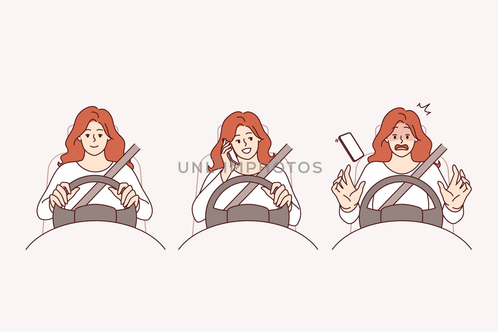 Woman gets into car accident because she makes phone call driving and violates traffic rules. Girl makes mistake and becomes victim of car accident, risking life due to use of smartphone.