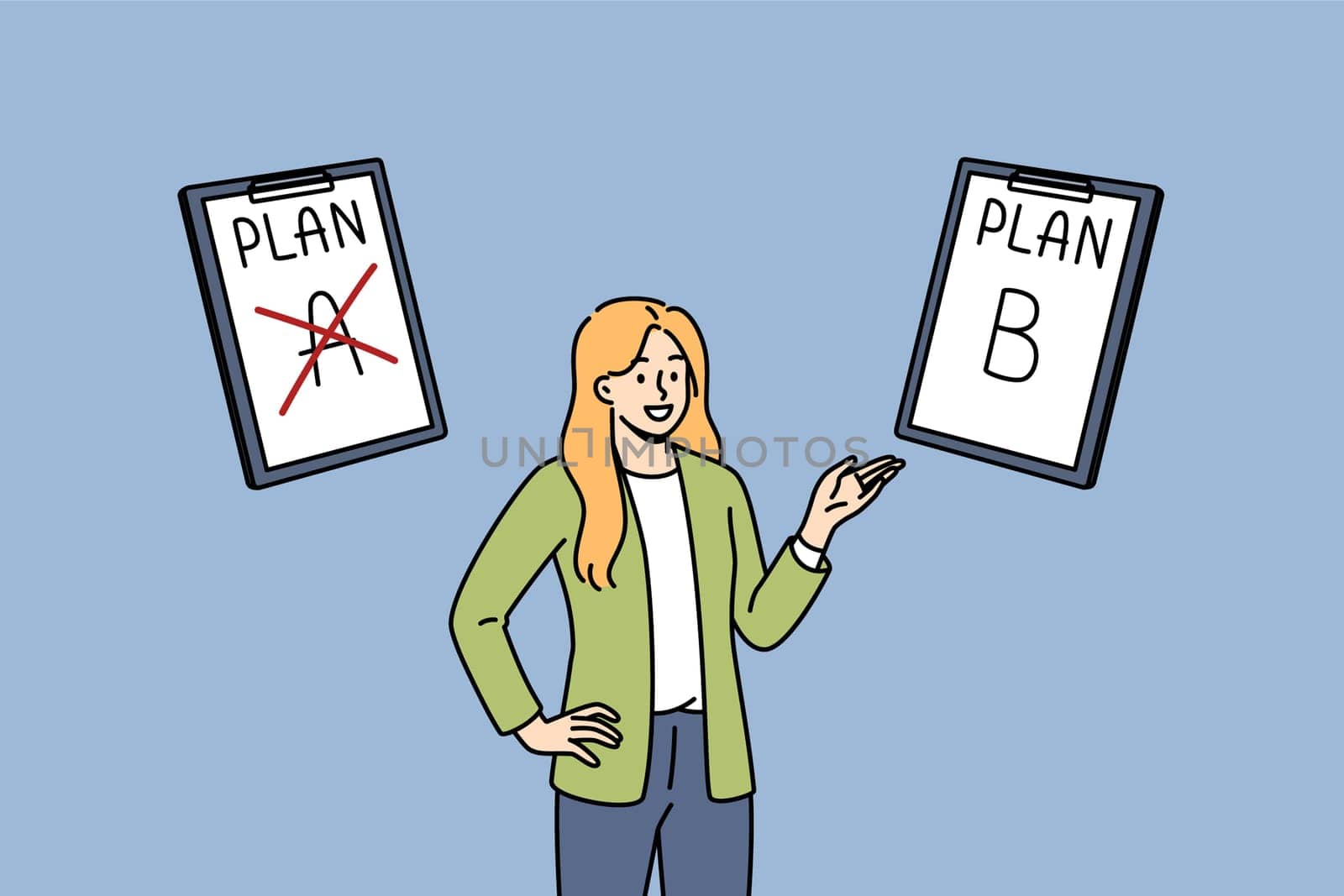 Business woman suggests alternative plan, pointing with hand at clipboard with inscription plan b to achieve corporate goals. Concept of using alternative strategy for marketing company