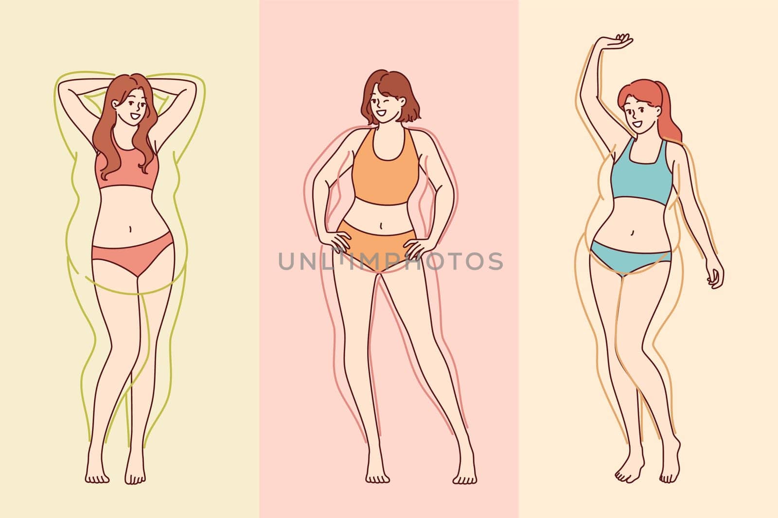 Woman transformation through losing excess weight and gaining built-in body after liposuction surgery. Getting rid of excess weight and belly fat or cellulite that spoils your appearance