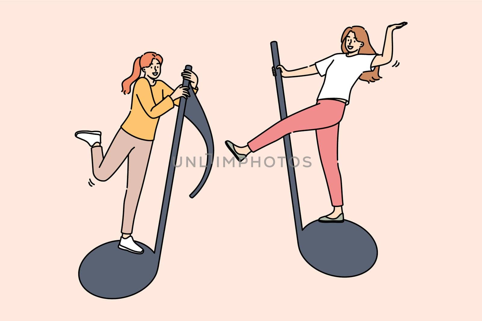 Women who love music and karaoke fly on musical notes and dance, enjoying cheerful atmosphere. Two female vocalists visit karaoke to relax and sing favorite songs from popular bands