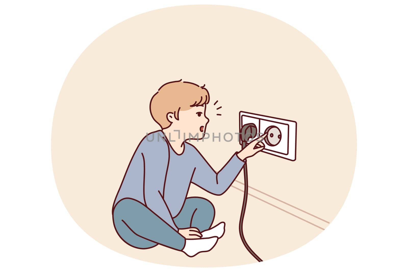 Small boy sticks fingers into socket, playing with electrical equipment and risking electric shock. Preschool child with curiosity pulls fingers to electrical socket and needs attention of parents