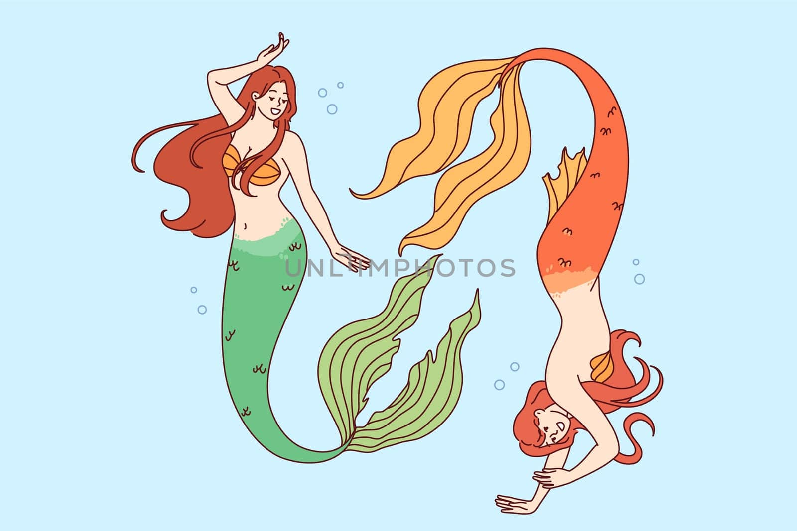 Two mermaids swim deep underwater demonstrating ability to dive to seabed and not breathe for long time. Mermaids from fairy tales or mythical legends, with tails instead of legs and beautiful hair