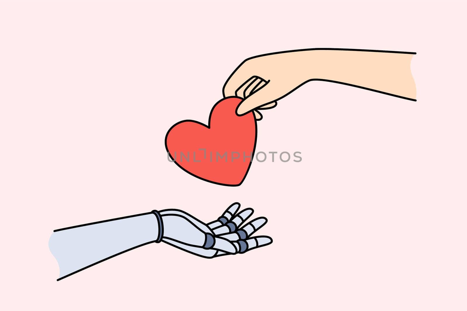 Collaboration of man and artificial intelligence is demonstrated by hands exchanging heart symbolizing readiness of synergy. Artificial intelligence or ai robot gains soul and emotions from humans