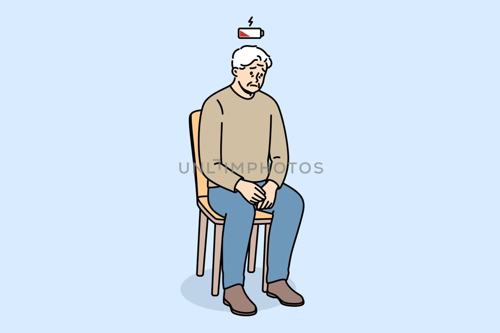 Depletion of vitality is felt by elderly man sitting on chair, with empty battery above head. Depletion of vitality in pensioner who needs support from friends and relatives to avoid depression