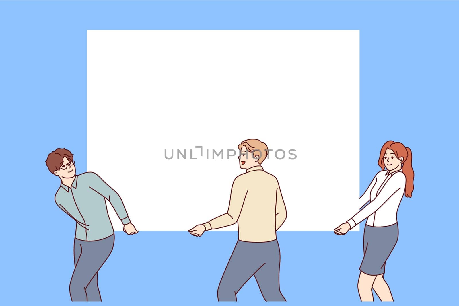 Group of business people carries blank white banner intended to display commercial offer. Teamwork of two male and female office employees holding billboard with space for commercial advertising