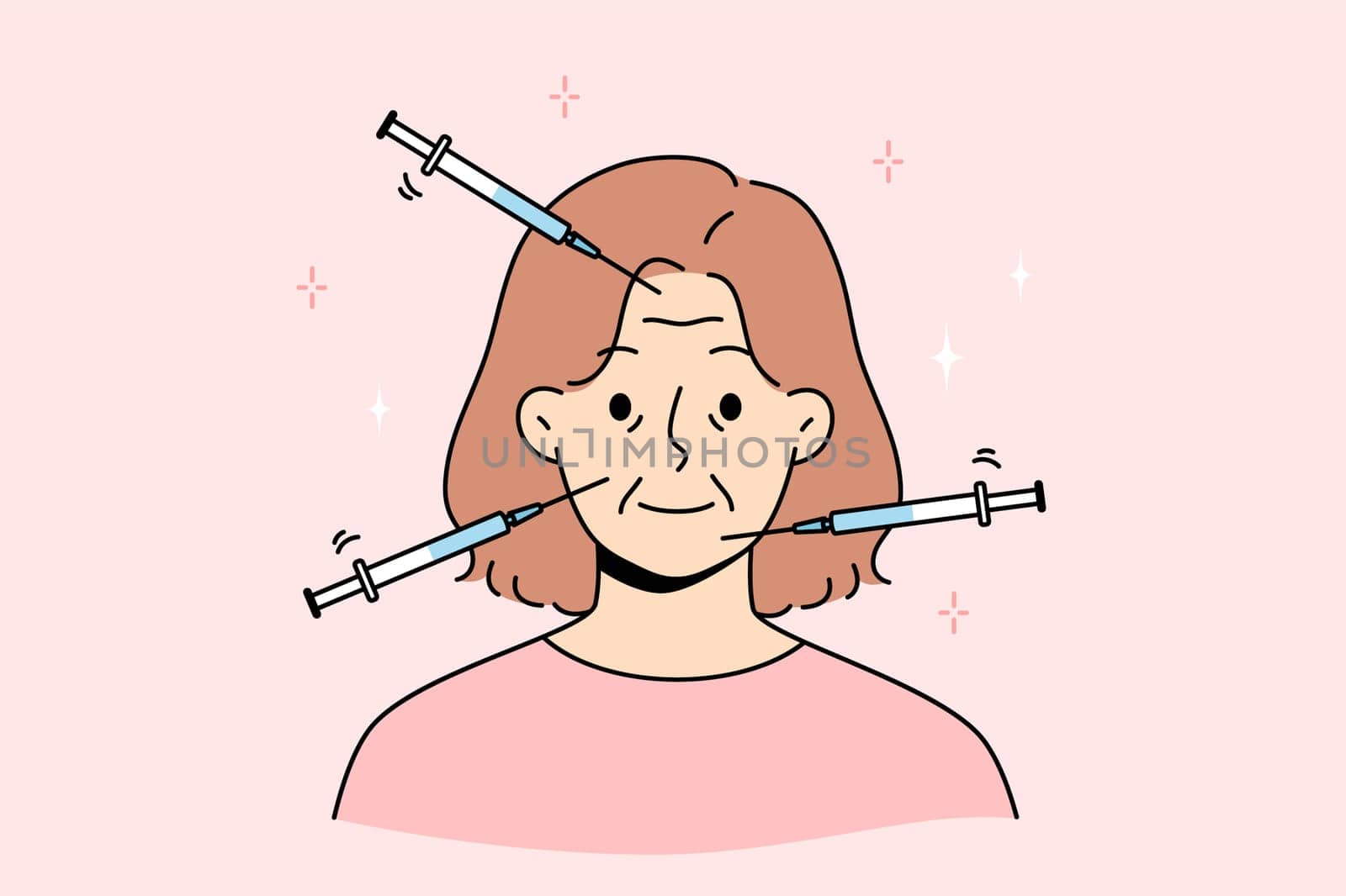Injection against wrinkles on woman face is done using syringe at appointment with cosmetologist. Woman dreams of becoming younger and fights wrinkles with help of chemical liquid pumped under skin.