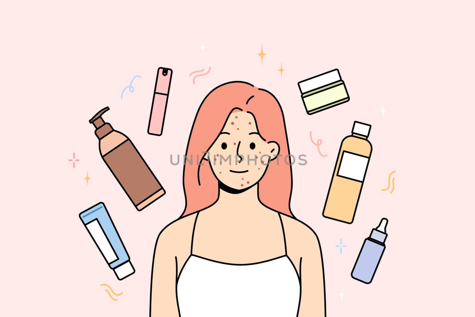 Woman with freckles and pimples on face smiles, stands among jars of creams and gels or shampoos. Cosmetology products around girls who want to get rid of acne and freckles on skin.