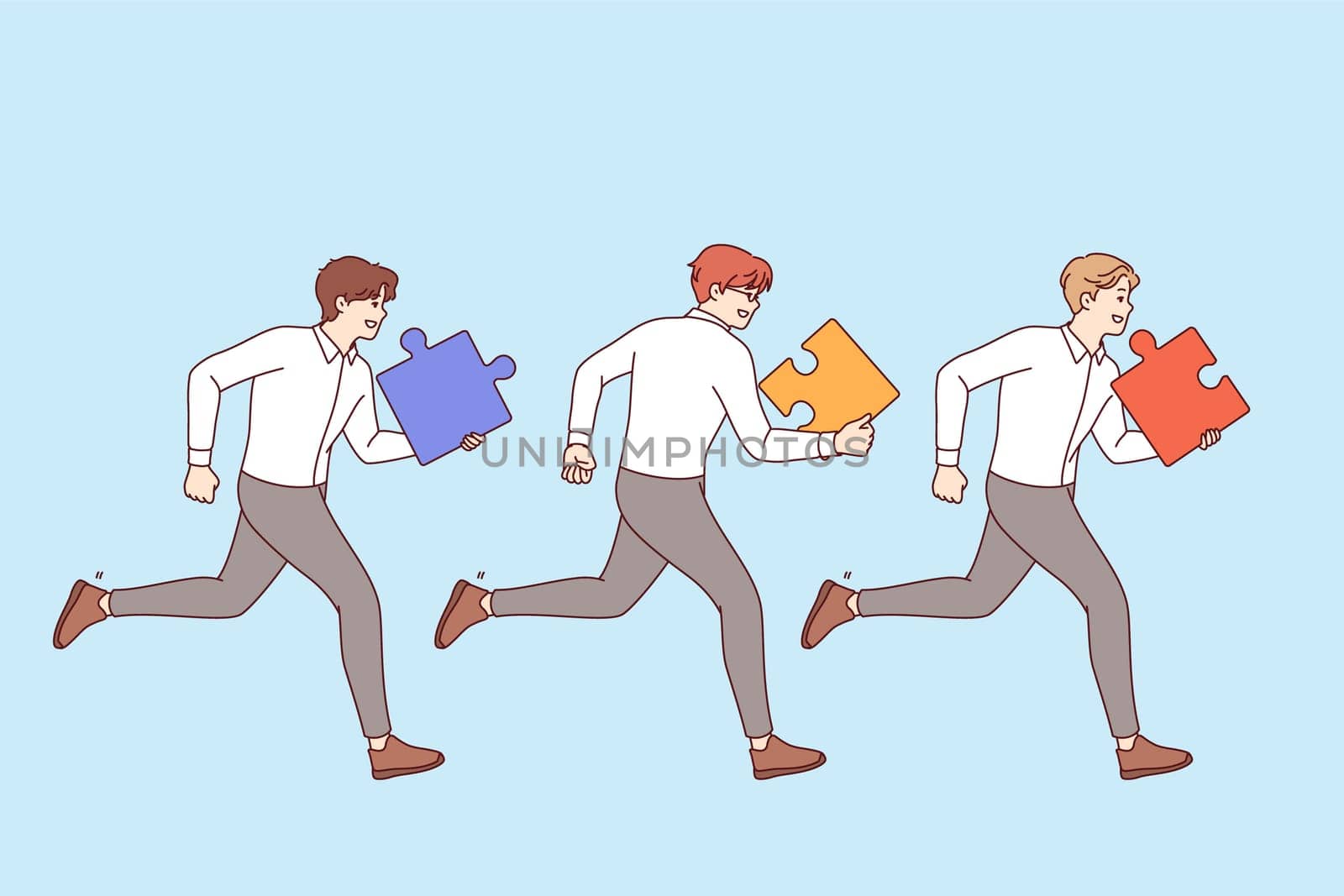 Teamwork of business men running together side by side with puzzle pieces in hands to complete task. Teamwork or competition between office clerks competing for leadership for career success