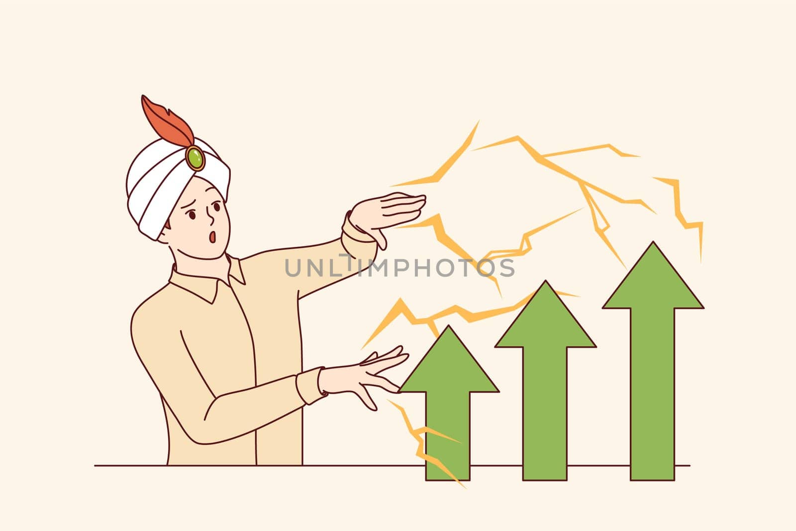 Man in wizard hat demonstrates business magic, increasing financial performance using fraudulent methods. Male sorcerer uses magic or tricks to improve economic performance of company