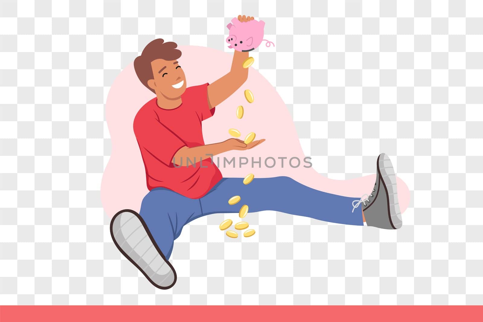 Happy man shakes out money and piggy banks and rejoices at presence savings that create financial security. Boy laughs after receiving piggy bank with coins that allow to make long-awaited purchase.