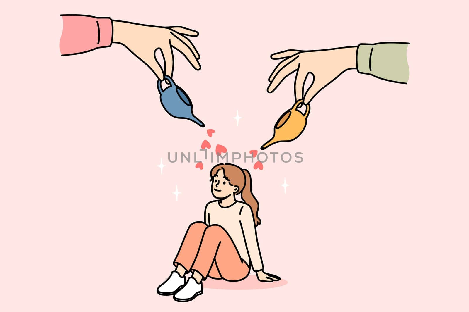 Parents care and give love to little girl by showering baby with miniature jugs with hearts. Happy child sitting on floor, growing up in loving family thanks to parents investing in daughter