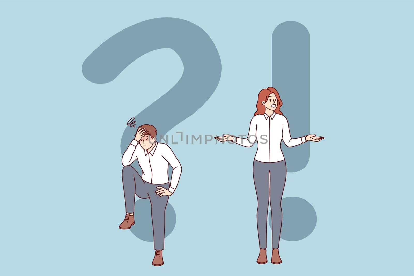 Woman found answer to question tormenting man, after much thought and reading FAQ. Concept of using instructions to find answer and solve problems, that cause stress and confusion.