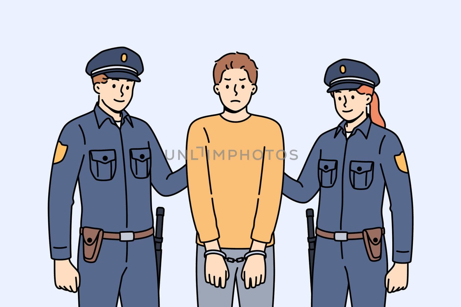 Two cops in police uniforms detained and handcuffed criminal for breaking law or disrespecting detectives. Brave cops fight crime to ensure safety of ordinary city residents who need protection