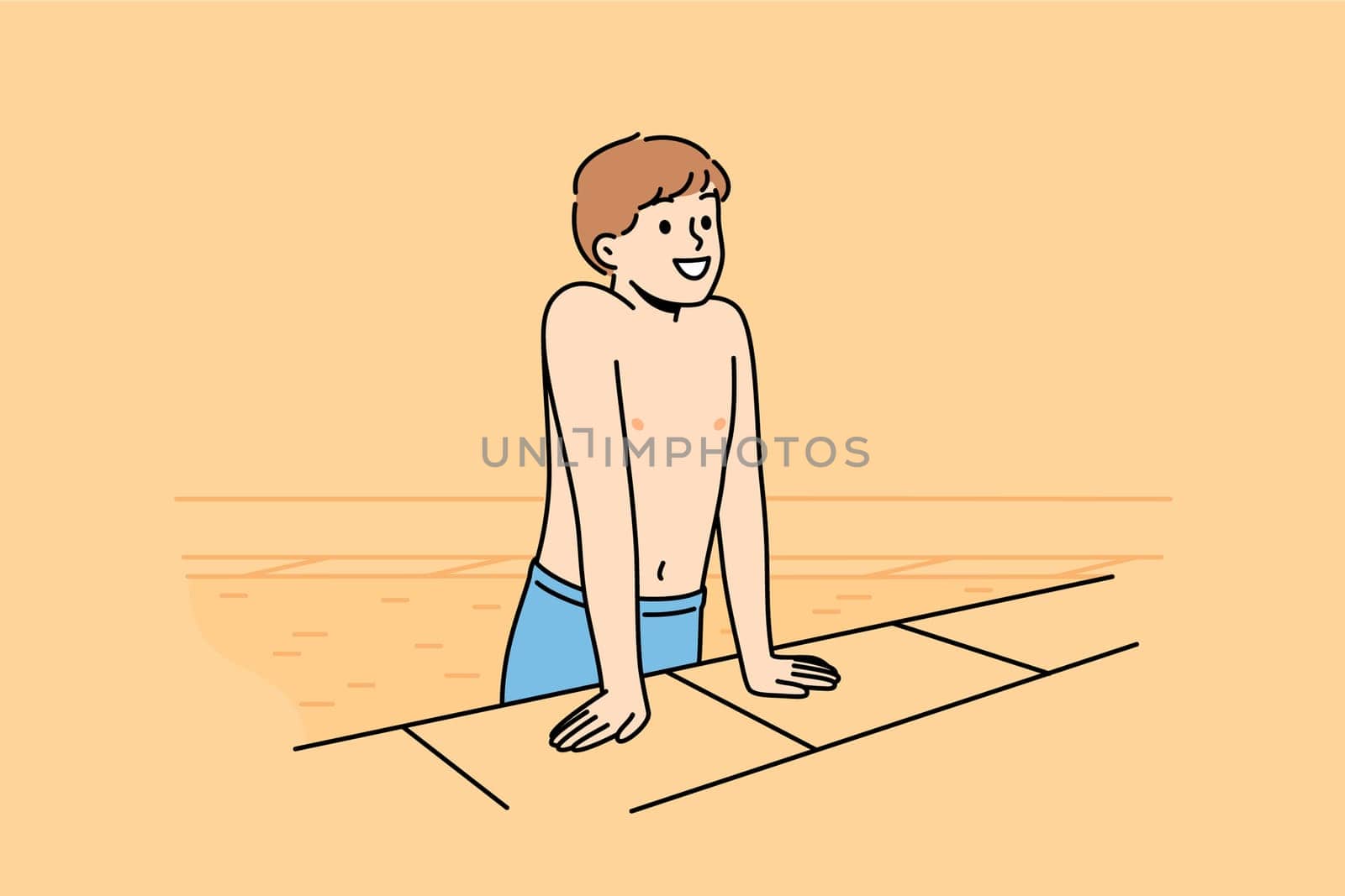 Boy gets out of pool and smiles after swimming in water, and rejoices at visiting aquapark. Happy child in swimming pool for sports training or summer recreation to improve health and get tan