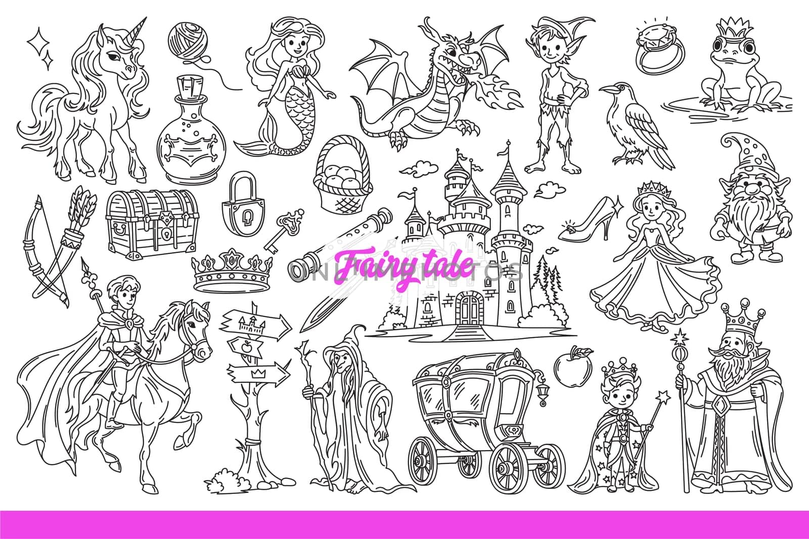 Fairy tale characters and castles from legends for children books and fantasy stories. Fairy tale background with mermaid and dragon or royal family and unicorn from myths for kids. Hand drawn.