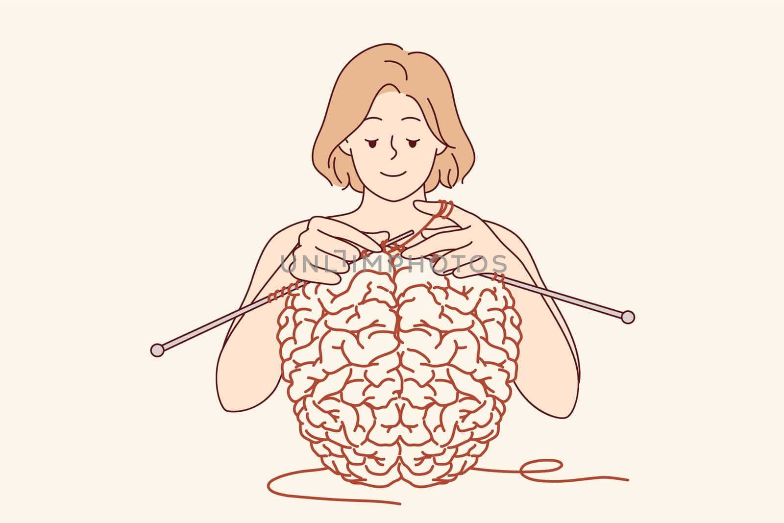 Woman creates brain using knitting as metaphor for psychological therapy and mental health care. Girl works on developing brain and memory or intelligence, helping to achieve mental stability