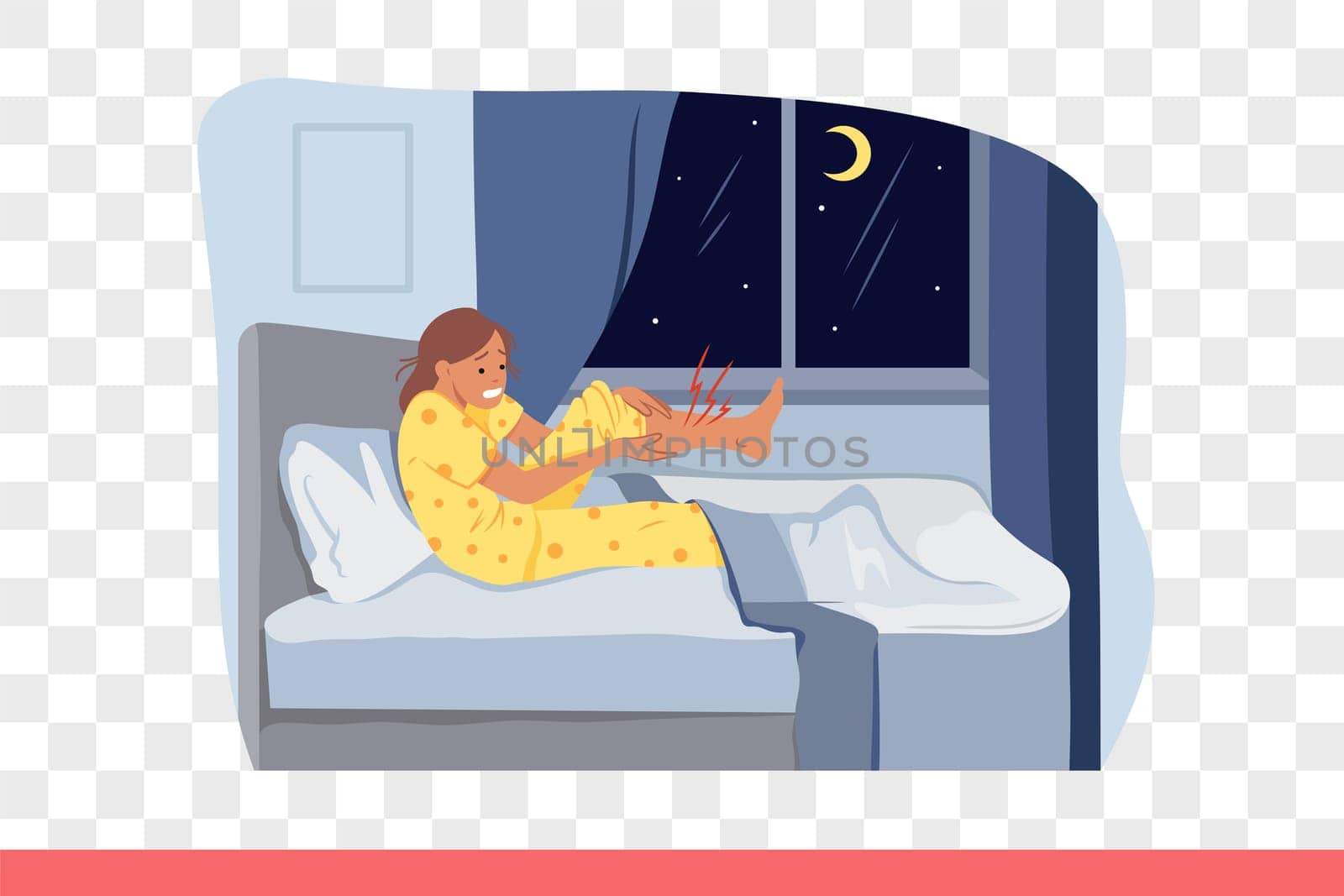 Cramp in leg woke up girl sitting in bed near window with starry sky, and holding onto sore spot. Problems of night cramp causing insomnia and lack of healthy sleep, arose due to muscle spasm