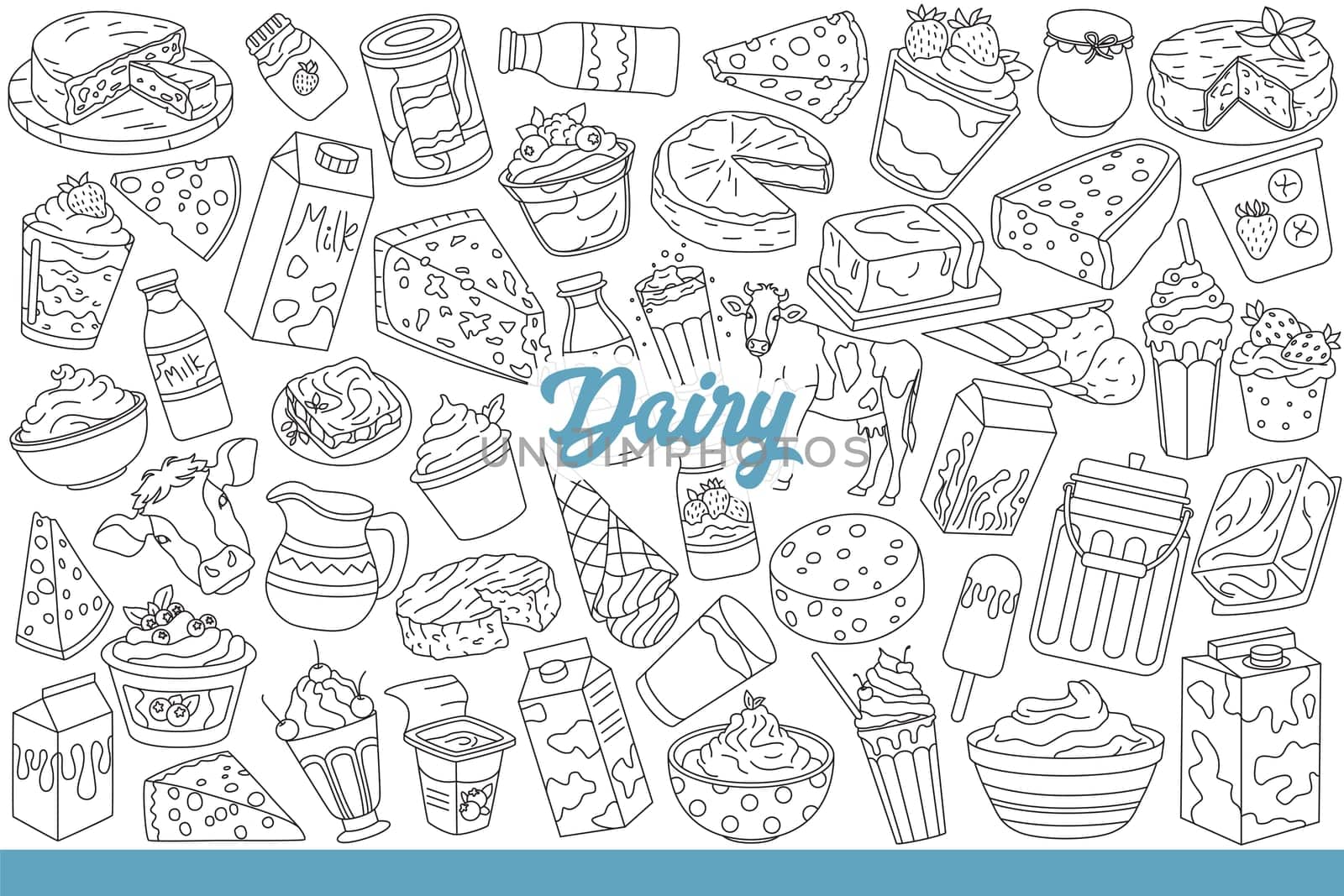 Dairy products made from fresh organic milk obtained by farmers raising cows. Dairy elements with packages of dairy products or cheese and ice cream for delicious dessert. Hand drawn.