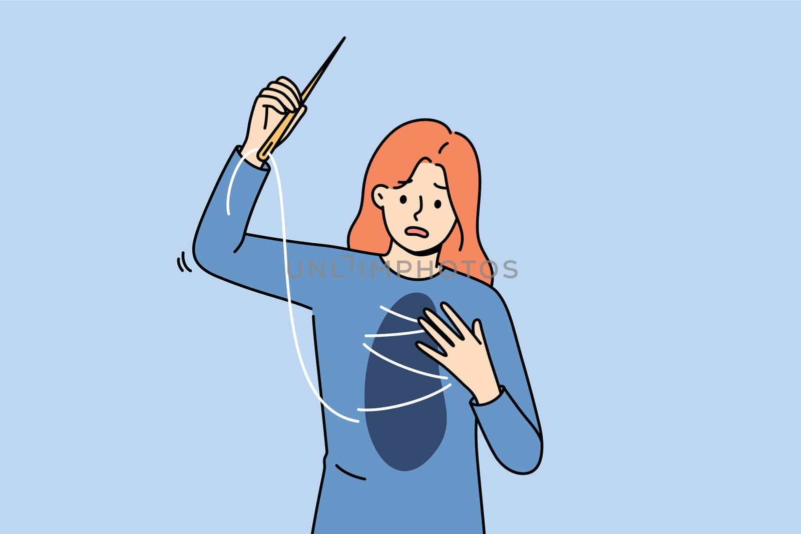 Unhappy woman sews up friend in chest, using thread and needle to get rid of mental pain. Mental pain torments young girl who needs help from psychologist and love from loved ones.