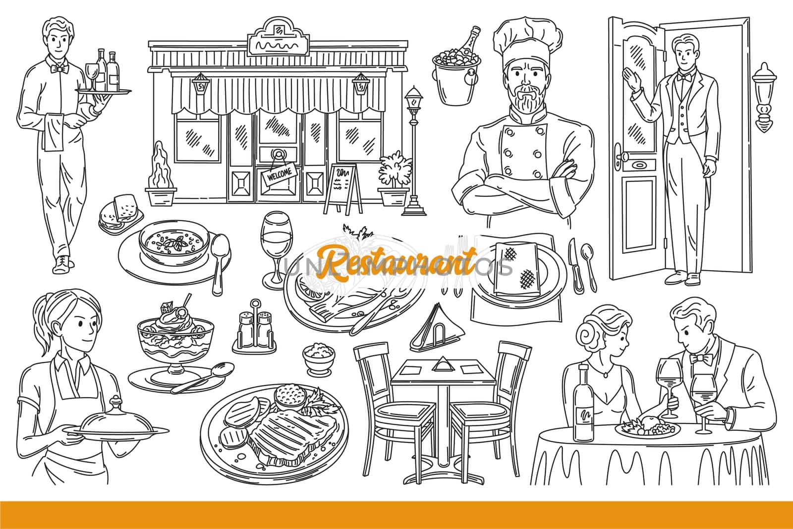 Restaurant inscription near cooks and waiters or cafe visitors, for public catering industry. Facade of restaurant building and delicious dishes or desserts prepared by chef. Hand drawn.