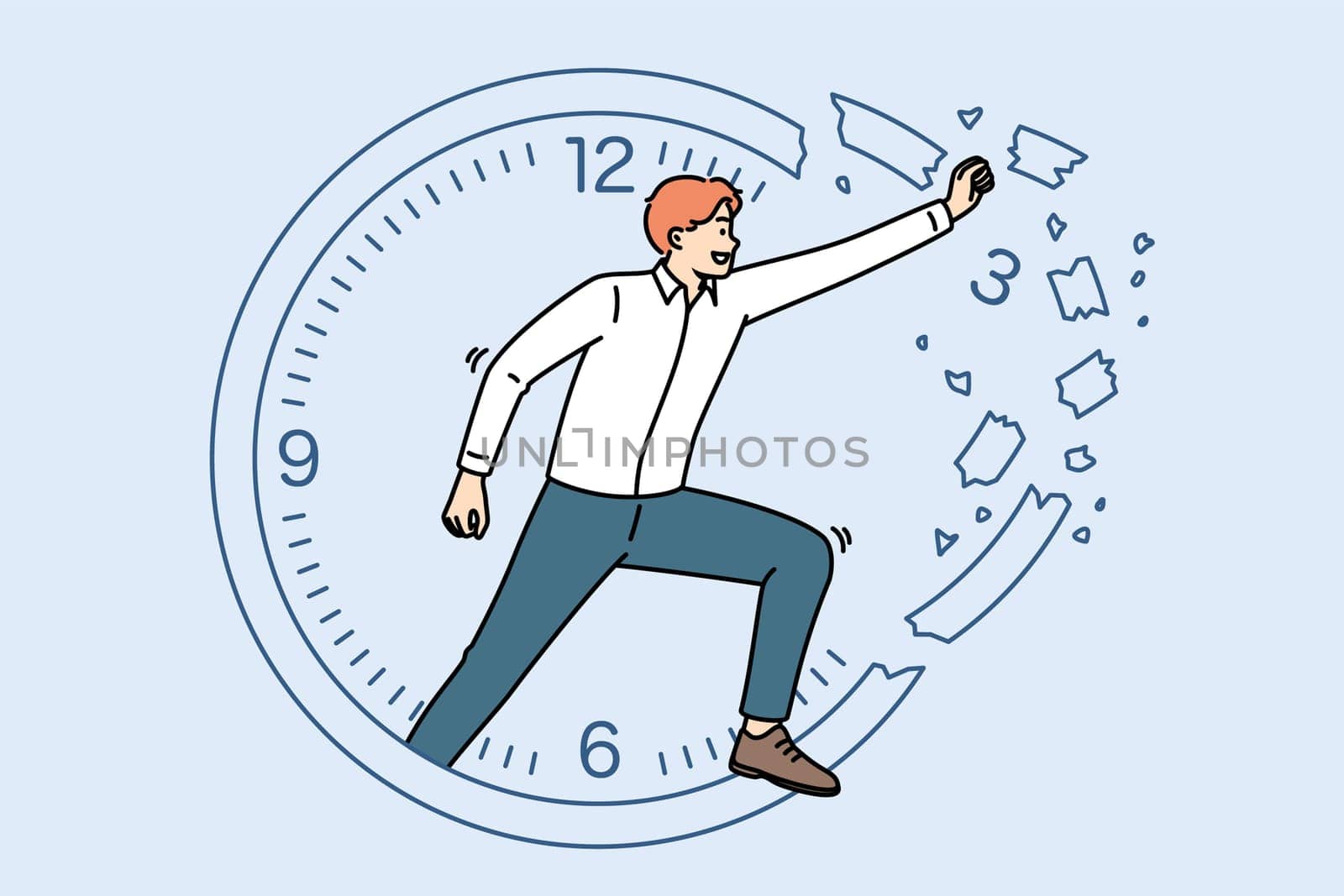 Business man is engaged in time management, breaking clock to increase productivity and complete task efficiently. Concept of importance of time management for accelerating career growth