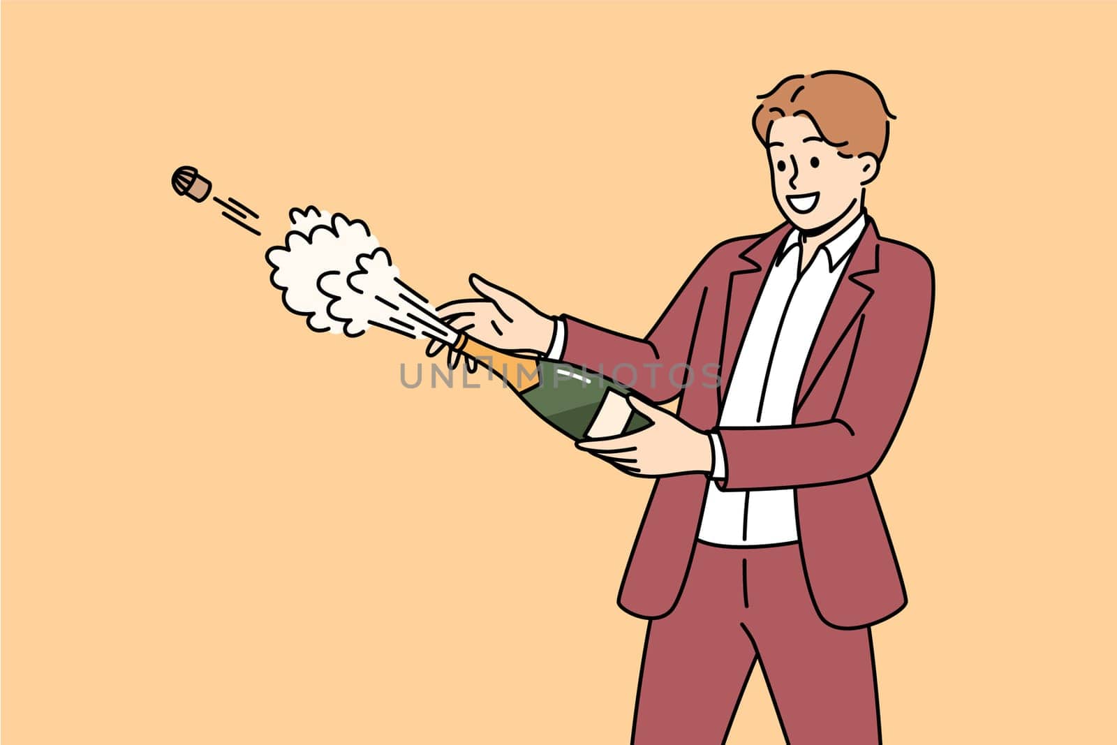 Man opens bottle of champagne or sparkling wine to celebrate birthday at party with friends. Cork pops out of champagne during wedding ceremony or fashion festival for alcohol lovers