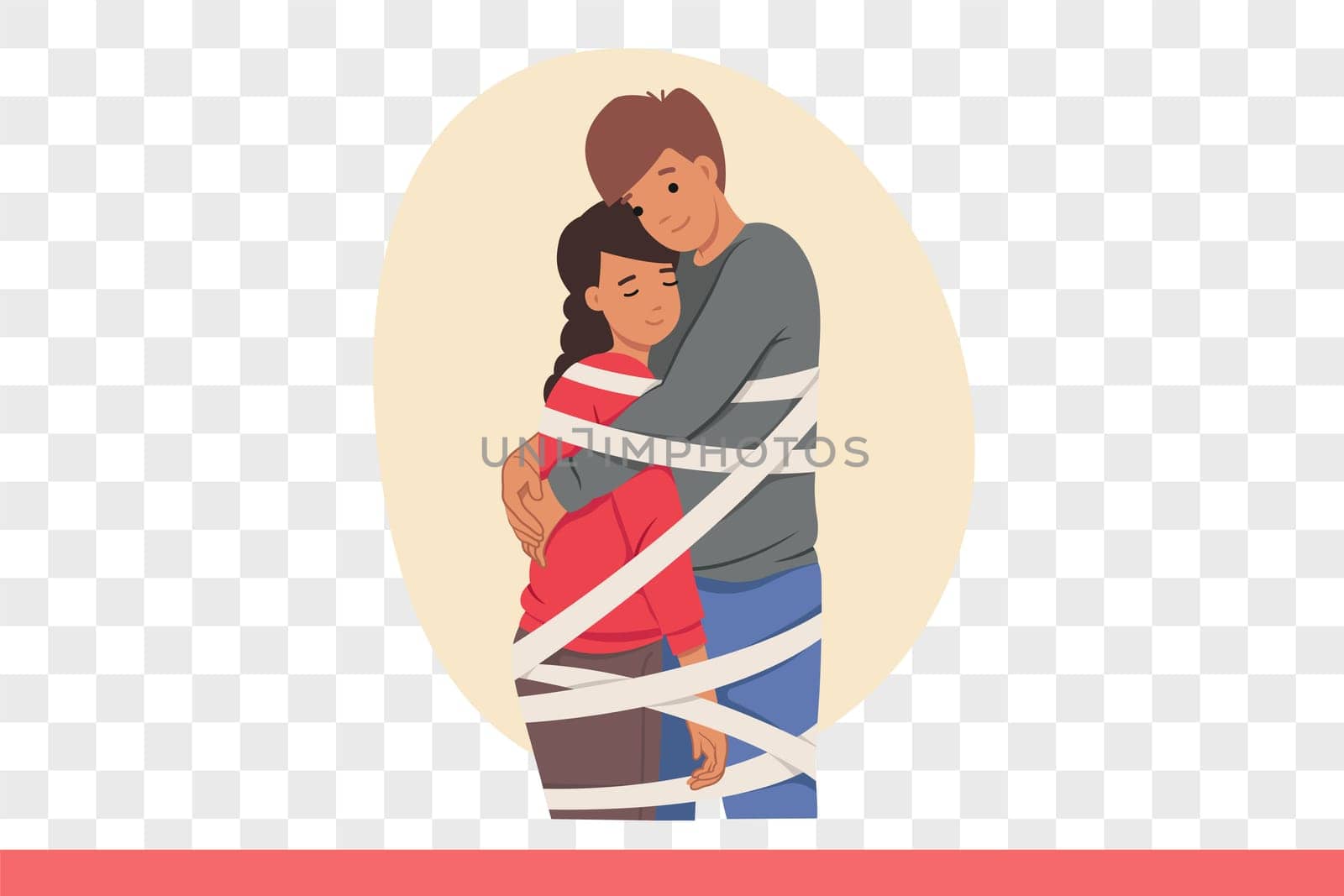 Problem of toxic relationships at man and woman tied with ropes who have become victims of marriage. Mutual dependence between bride and groom experiencing discomfort due to toxic relationship