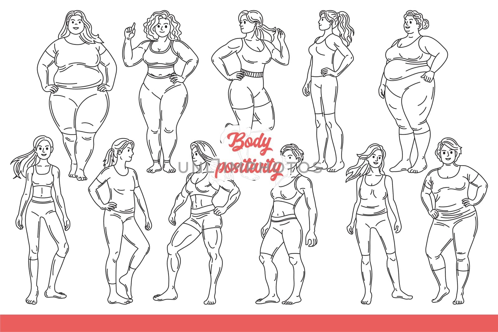 Culture of body positivity and pride in having individuality or lack of embarrassment. Slim and overweight people advocate body positivity, calling for fight against bullying. Hand drawn.