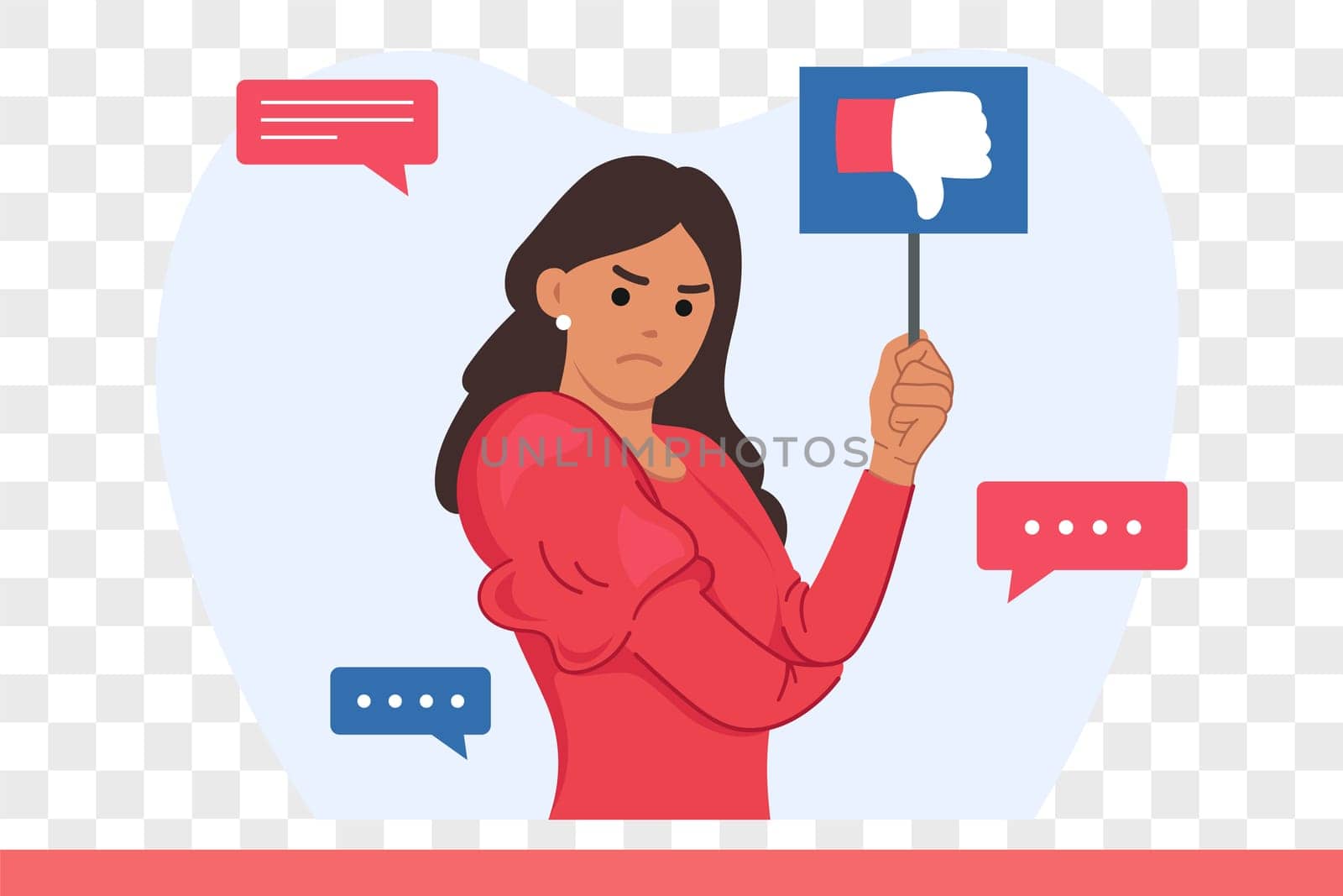 Woman hater shows dislike on sign and expresses critical opinion and negative feedback about product. Problem of consumer terrorism is demonstrated by hater girl leaving bad review