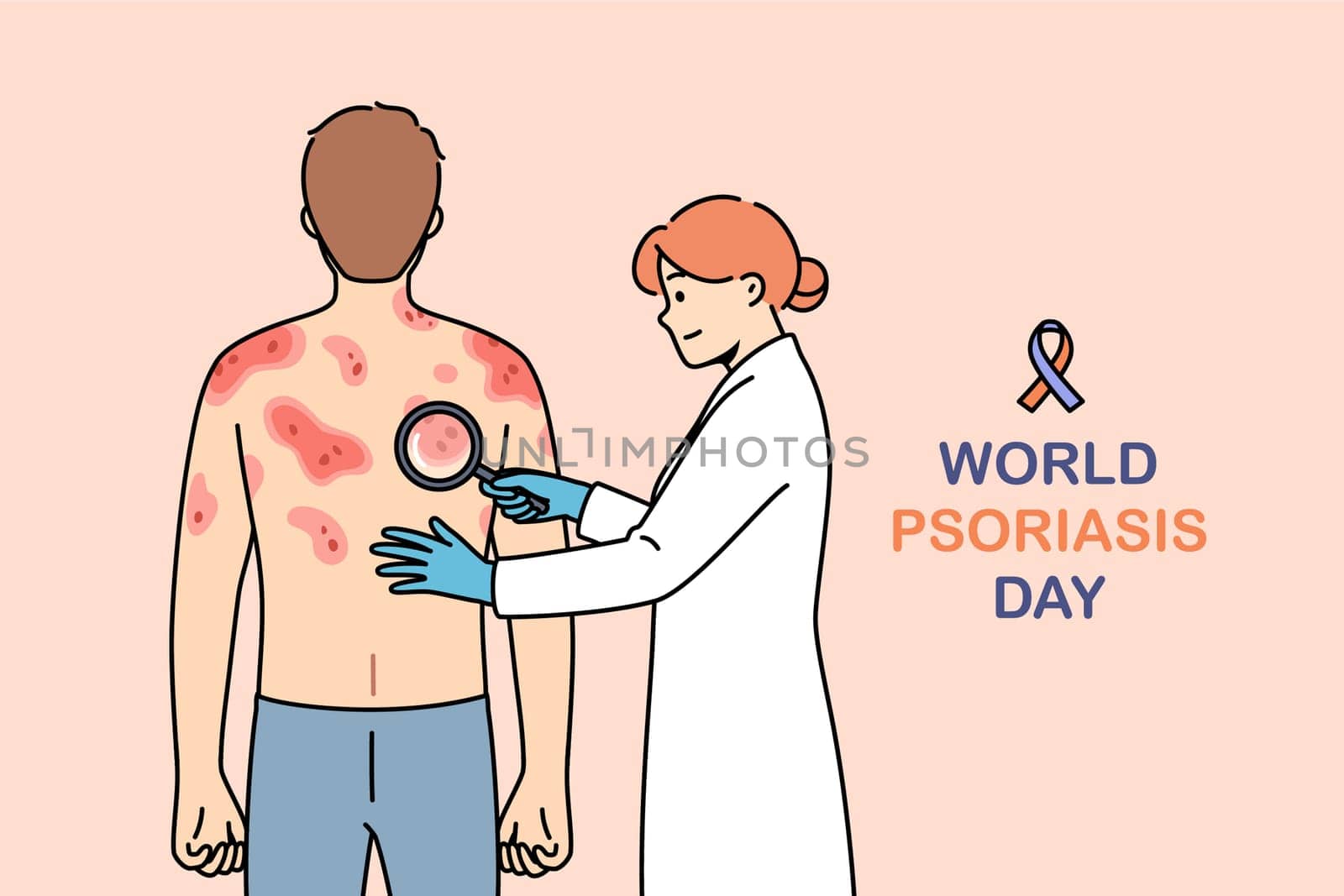 World psoriasis day inscription near doctor examining patient with eczema on back. Medical banner with man suffering from psoriasis at appointment with female dermatologist in white coat