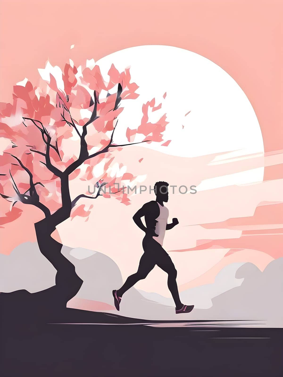 Abstract minimalist spring scene with a single, sharp silhouette of a running athlete and of a blooming tree on a vast light grey canvas, with subtle color gradients hinting at spring freshness
