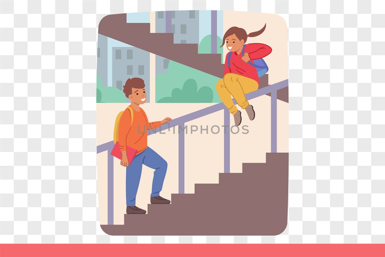 Happy children play on school stairs and ride on railings, enjoying carefree childhood and opportunity to break rules. Children play pranks during break between lessons, waiting for parents to arrive