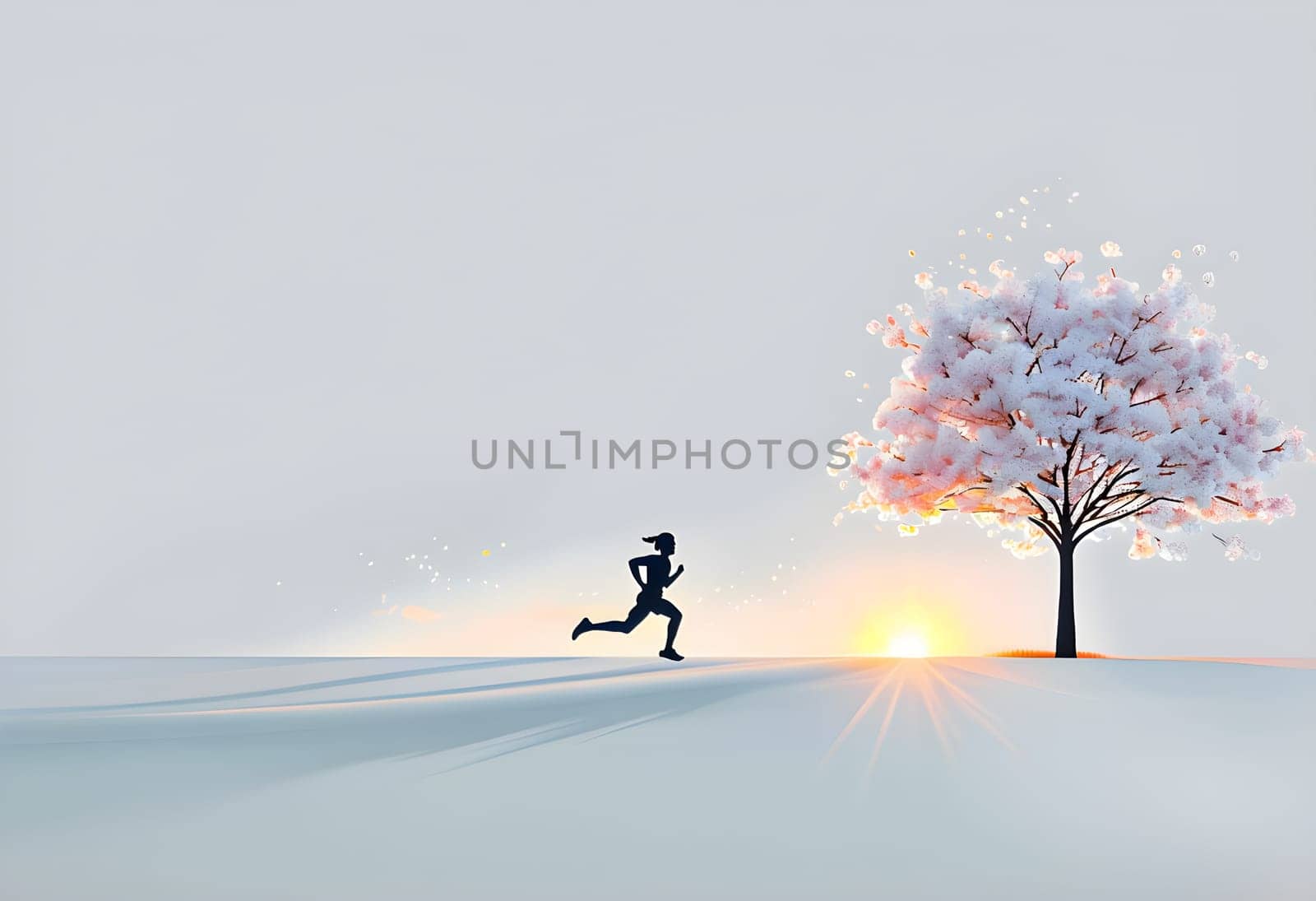 Abstract minimalist spring scene with a single, sharp silhouette of a running athlete and of a blooming tree on a vast light grey canvas, with subtle color gradients hinting at spring freshness