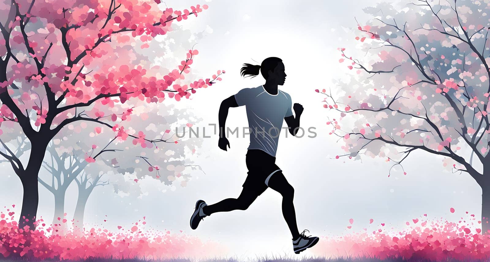 Abstract minimalist spring scene with a single, sharp silhouette of a running athlete and of a blooming tree on a vast light grey canvas, with subtle color gradients hinting at spring freshness