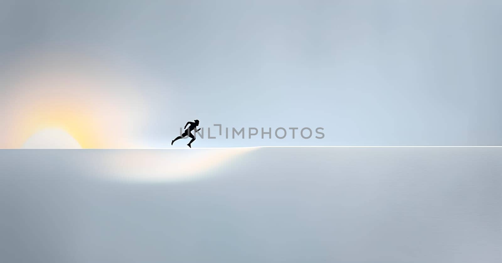 Abstract minimalist spring scene with a single, sharp silhouette of a running athlete and of a blooming tree on a vast light grey canvas, with subtle color gradients hinting at spring freshness