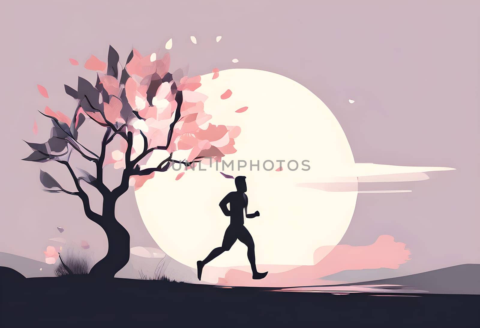 Abstract minimalist spring scene with a single, sharp silhouette of a running athlete and of a blooming tree on a vast light grey canvas, with subtle color gradients hinting at spring freshness