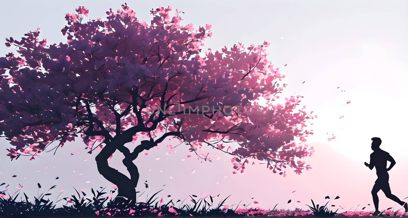 Abstract minimalist spring scene with a single, sharp silhouette of a running athlete and of a blooming tree on a vast light grey canvas, with subtle color gradients hinting at spring freshness