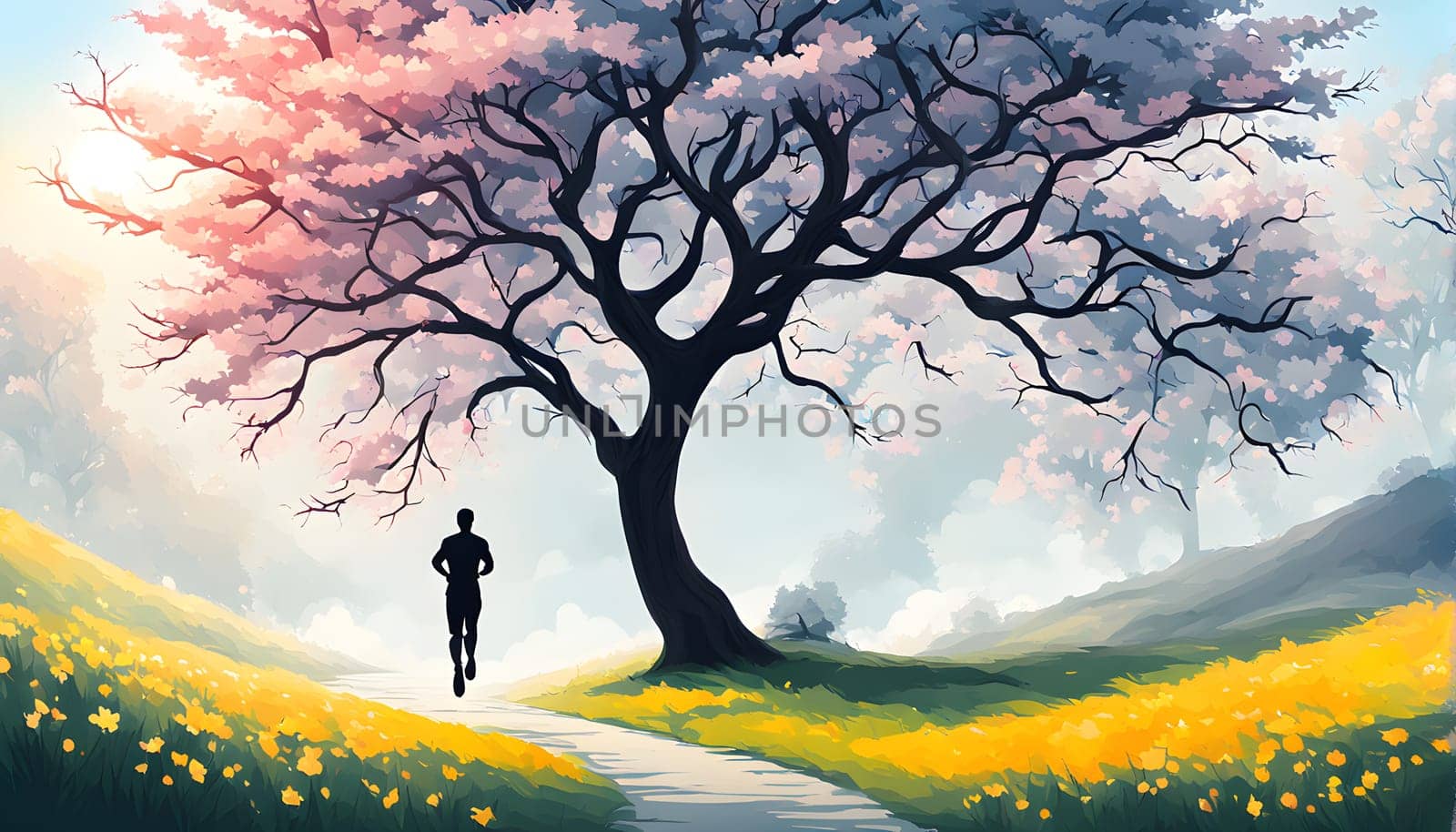 Abstract minimalist spring scene with a single, sharp silhouette of a running athlete and of a blooming tree on a vast light grey canvas, with subtle color gradients hinting at spring freshness