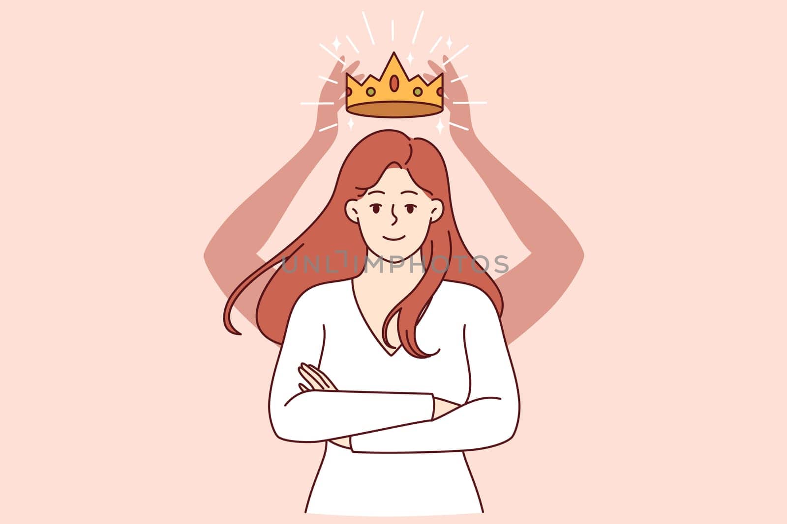 Self-confident woman with crown above head stands with arms crossed in front of chest and looks at screen smiling. Self-confident girl rejoices at gold award for achieving success in career